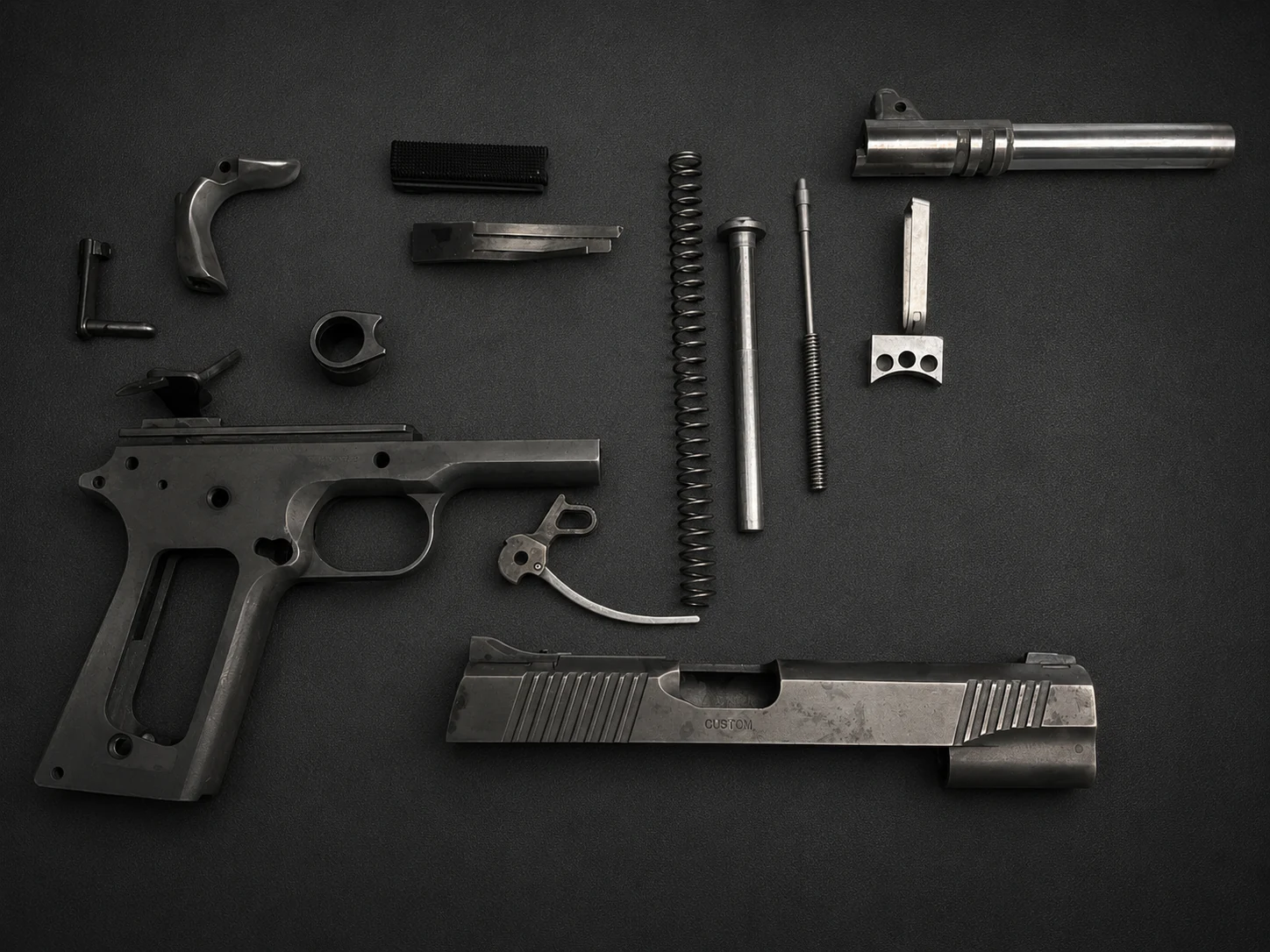 Disassembled firearm parts prepared for refinishing